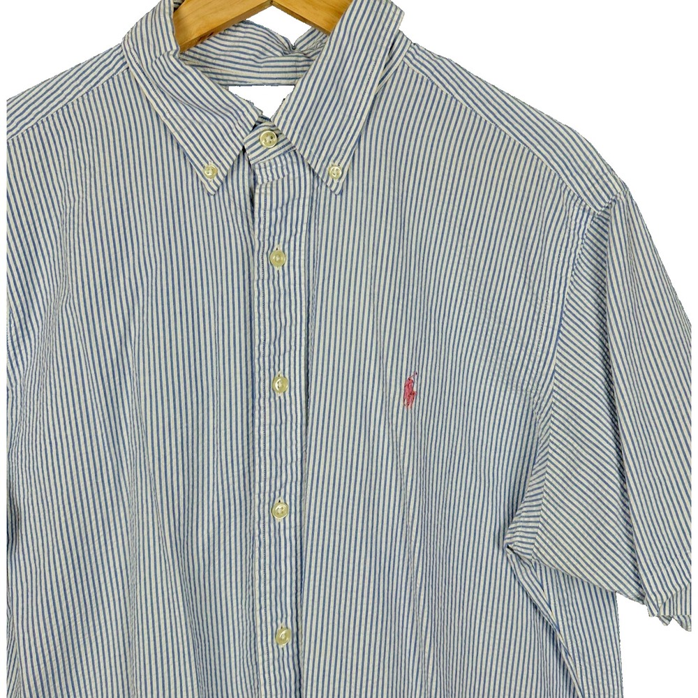 Ralph Lauren Shirt Mens Large Blue White Striped Short Sleeve Button Down Seersu
